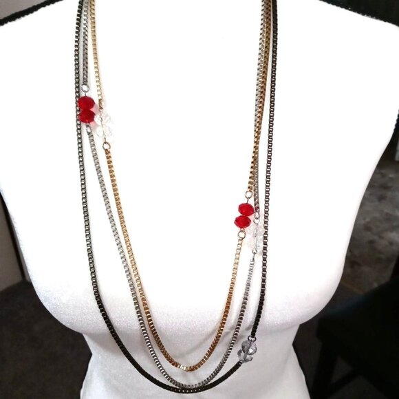 Tri color Metallic Chain Necklace Multi Strand Metal Bead - Picture 1 of 5